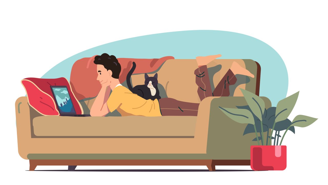 Man relaxing watching movie on computer at home Person using laptop lying on cozy couch with cat pet Online movie entertainment fun, leisure relaxation, domestic comfort flat vector illustration