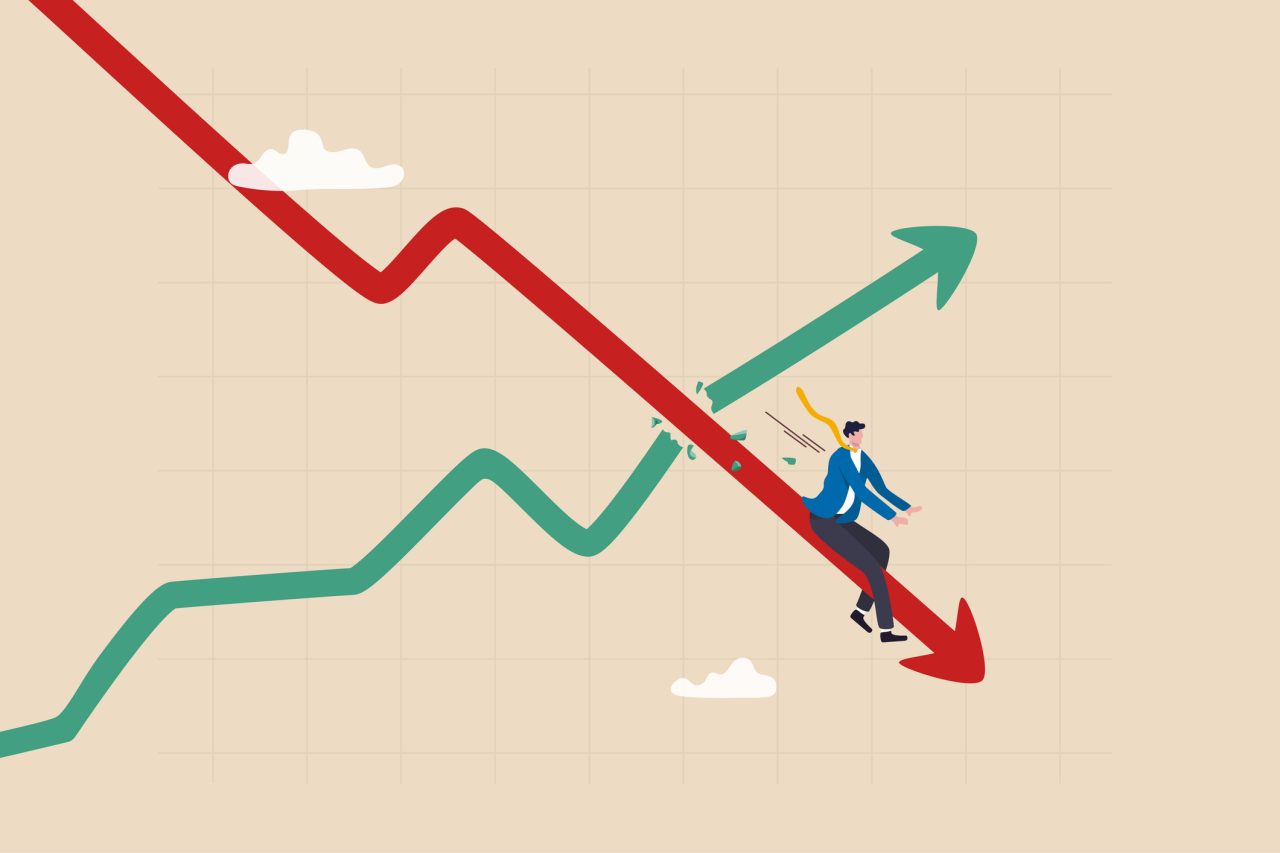 Stagflation, economic slow down or recession while inflation high up, GDP growth decrease causing by unemployment concept, fearful businessman riding fall down economic graph with inflation high up