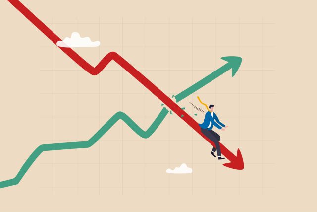 Stagflation, economic slow down or recession while inflation high up, GDP growth decrease causing by unemployment concept, fearful businessman riding fall down economic graph with inflation high up