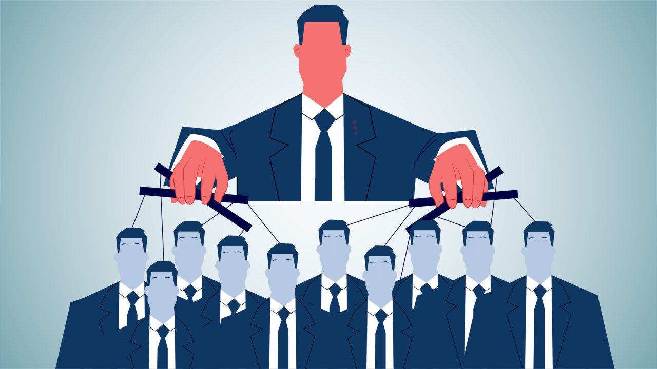Bosses controlling every employee, human resource management, manipulation of mannequins, authority and power, giants standing behind the scenes dictating the actions of a group of businessmen