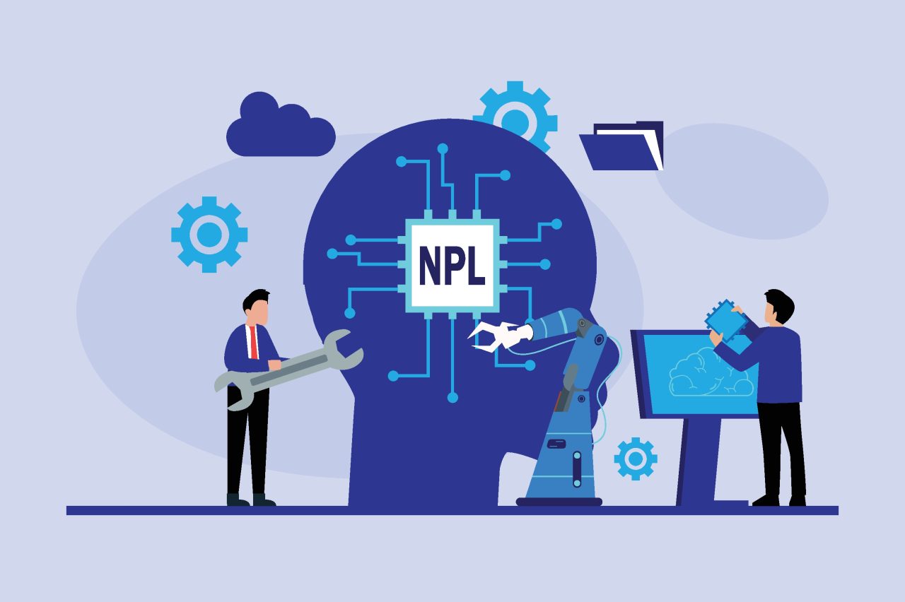 Natural Language Processing Concept with Engineers and Robotic Arm Configuring NPL Microchip inside Human Head Silhouette d flat vector illustration